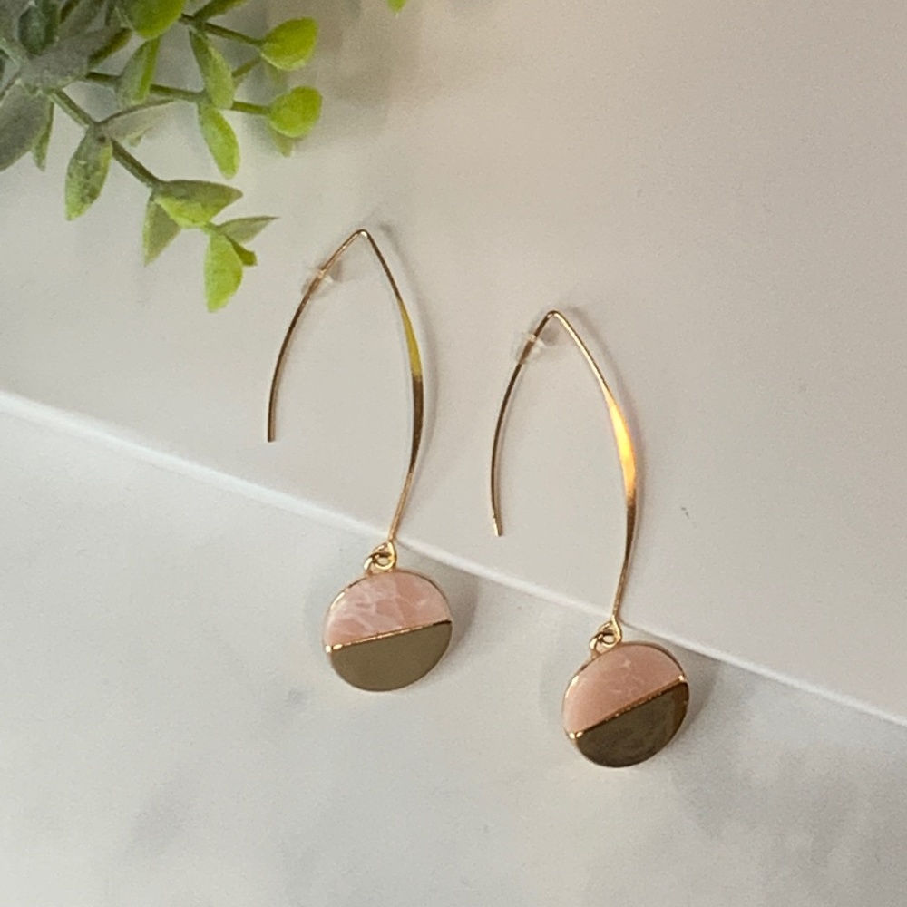 Pink Stone Marbled Disc Drop Earrings